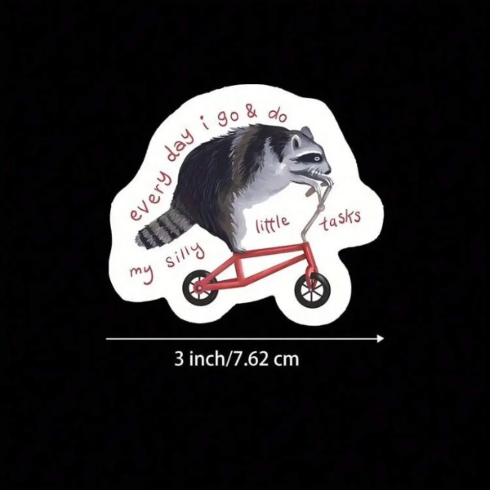Gray red raccoon riding bike vinyl sticker decor laptop cup phone book tablet - Picture 8 of 8
